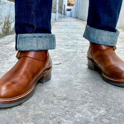 View photo of John Lofgren Wabash Engineer Boots in Shinki Dark Cherry Oiled Horsebutt