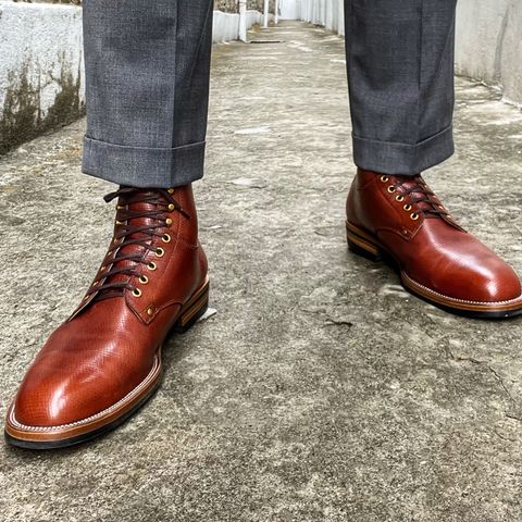 View photo of Østmo x Iron Boots Type 1 Service Boot in Horween Tan Pioneer Reindeer