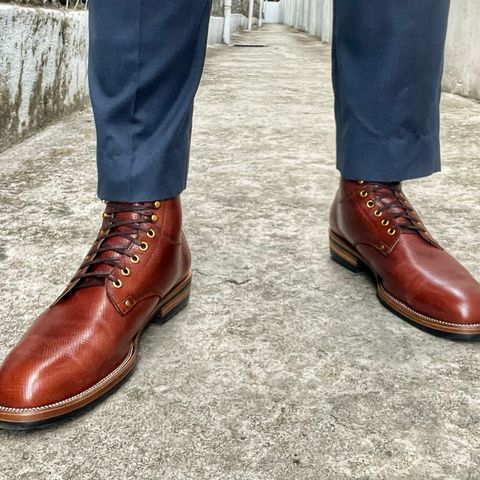 View photo of Østmo x Iron Boots Type 1 Service Boot in Horween Tan Pioneer Reindeer