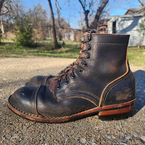 View photo of Nicks Nicks/ x Butterscotch Triton Boot in Nicks/ Horween Black Waxed Flesh