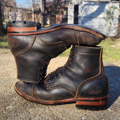 View photo of Nicks Nicks/ x Butterscotch Triton Boot in Nicks/ Horween Black Waxed Flesh