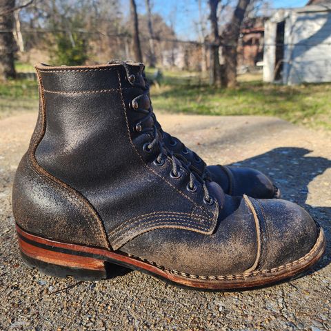 View photo of Nicks Nicks/ x Butterscotch Triton Boot in Nicks/ Horween Black Waxed Flesh