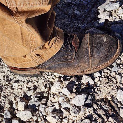 View photo of Nicks Nicks/ x Butterscotch Triton Boot in Nicks/ Horween Black Waxed Flesh