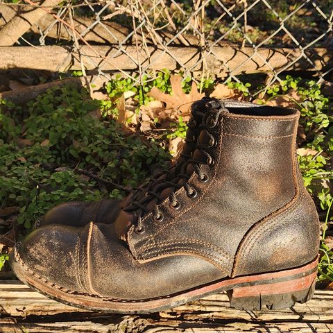 View photo of Nicks Nicks/ x Butterscotch Triton Boot in Nicks/ Horween Black Waxed Flesh