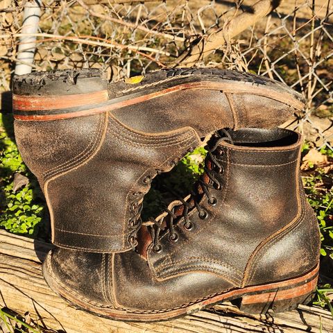 View photo of Nicks Nicks/ x Butterscotch Triton Boot in Nicks/ Horween Black Waxed Flesh