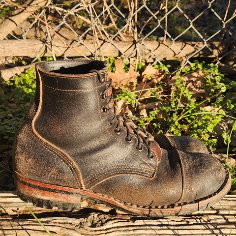 View photo of Nicks Nicks/ x Butterscotch Triton Boot in Nicks/ Horween Black Waxed Flesh