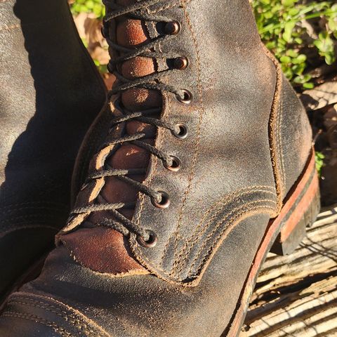 View photo of Nicks Nicks/ x Butterscotch Triton Boot in Nicks/ Horween Black Waxed Flesh