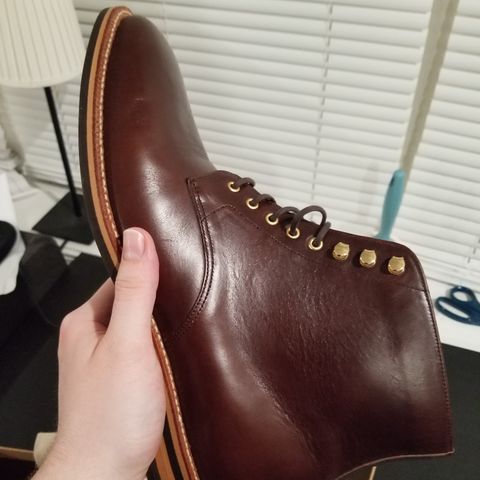 View photo of Grant Stone Edward Boot in Horween Dark Walnut Chromexcel