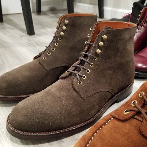 View photo of Grant Stone Edward Boot in C.F. Stead Loden Repello Calf Suede