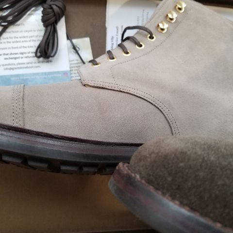 View photo of Grant Stone Cap Toe Boot in C.F. Stead Taupe Repello Calf Suede