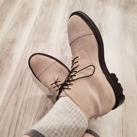 View photo of Grant Stone Cap Toe Boot in C.F. Stead Taupe Repello Calf Suede