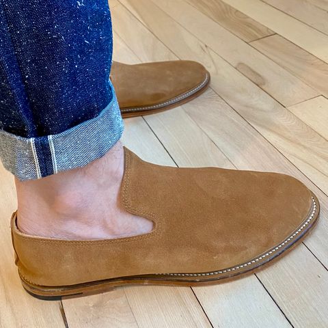 Viberg Slipper in C.F. Stead Anise Calf Suede