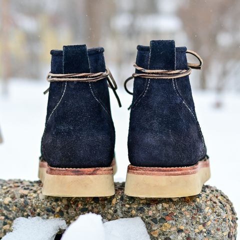 View photo of Jakkrabbits Moc Toe Boot in Horween Navy Chamois Roughout