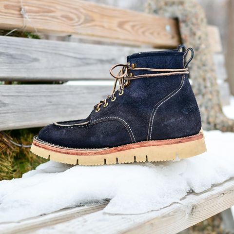 View photo of Jakkrabbits Moc Toe Boot in Horween Navy Chamois Roughout