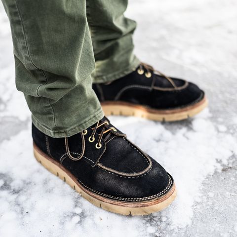 View photo of Jakkrabbits Moc Toe Boot in Horween Navy Chamois Roughout