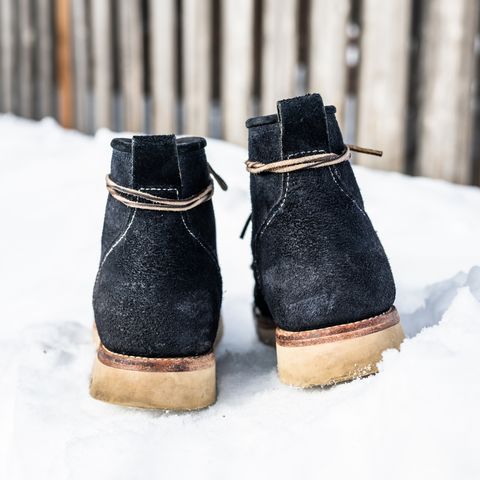 View photo of Jakkrabbits Moc Toe Boot in Horween Navy Chamois Roughout