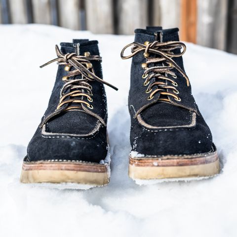 View photo of Jakkrabbits Moc Toe Boot in Horween Navy Chamois Roughout