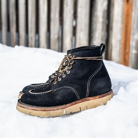 View photo of Jakkrabbits Moc Toe Boot in Horween Navy Chamois Roughout