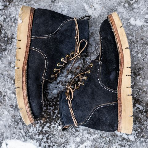 View photo of Jakkrabbits Moc Toe Boot in Horween Navy Chamois Roughout