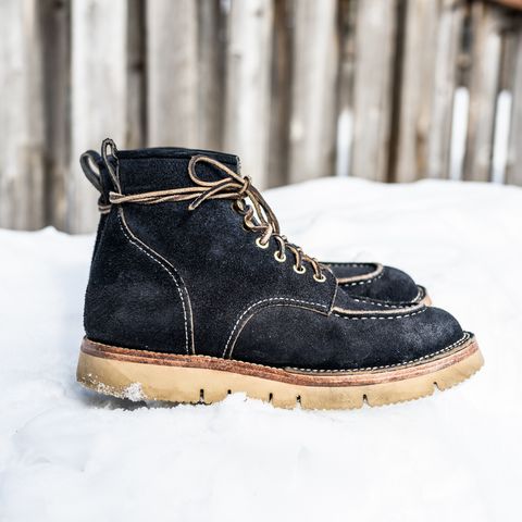 View photo of Jakkrabbits Moc Toe Boot in Horween Navy Chamois Roughout