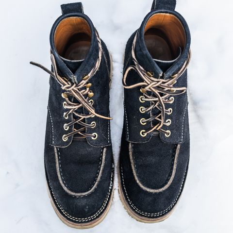 View photo of Jakkrabbits Moc Toe Boot in Horween Navy Chamois Roughout