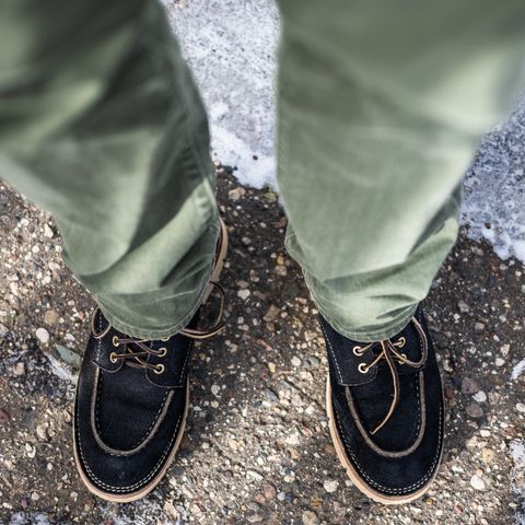 View photo of Jakkrabbits Moc Toe Boot in Horween Navy Chamois Roughout