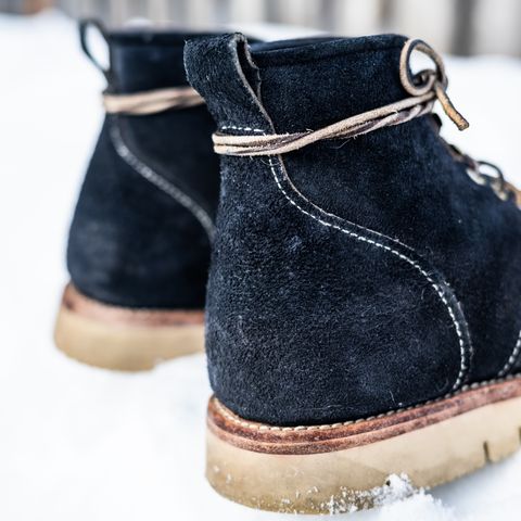 View photo of Jakkrabbits Moc Toe Boot in Horween Navy Chamois Roughout