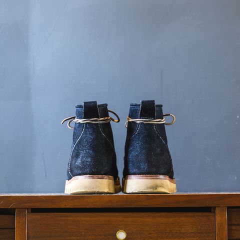 View photo of Jakkrabbits Moc Toe Boot in Horween Navy Chamois Roughout