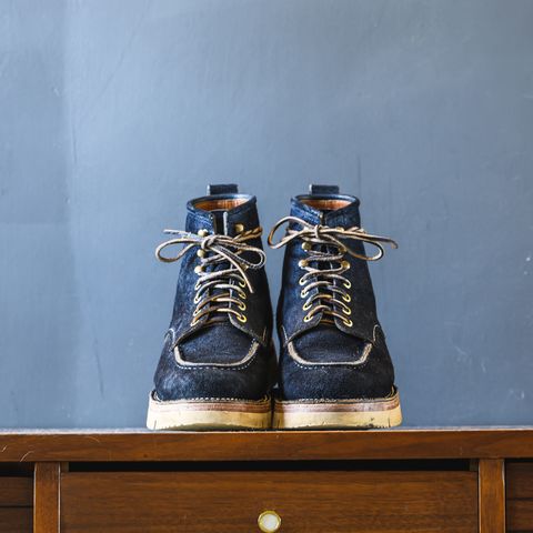 View photo of Jakkrabbits Moc Toe Boot in Horween Navy Chamois Roughout