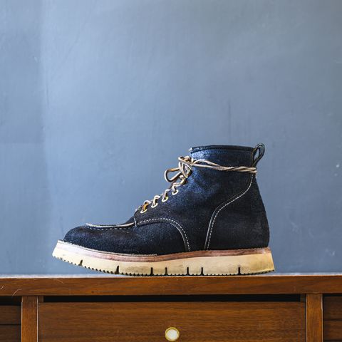 View photo of Jakkrabbits Moc Toe Boot in Horween Navy Chamois Roughout