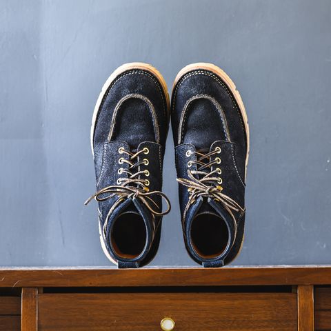 View photo of Jakkrabbits Moc Toe Boot in Horween Navy Chamois Roughout