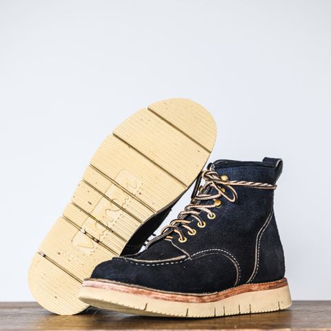 View photo of Jakkrabbits Moc Toe Boot in Horween Navy Chamois Roughout