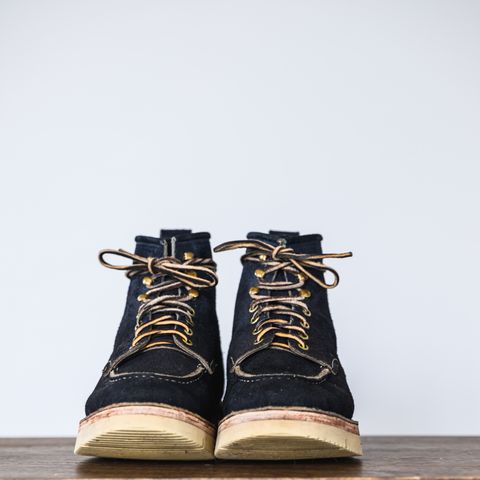 View photo of Jakkrabbits Moc Toe Boot in Horween Navy Chamois Roughout