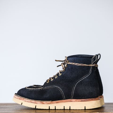 View photo of Jakkrabbits Moc Toe Boot in Horween Navy Chamois Roughout