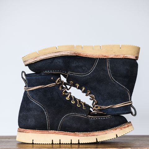 View photo of Jakkrabbits Moc Toe Boot in Horween Navy Chamois Roughout