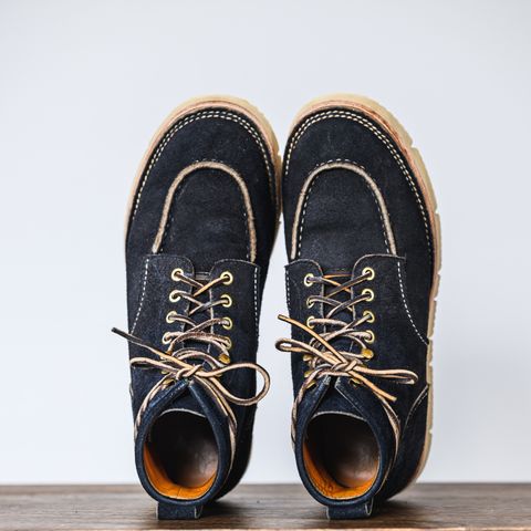 View photo of Jakkrabbits Moc Toe Boot in Horween Navy Chamois Roughout