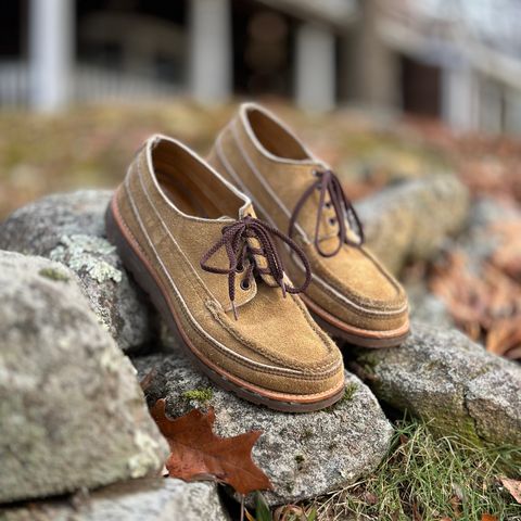 View photo of Russell Moccasin Co. Fishing Oxford in Tan Laramie Suede