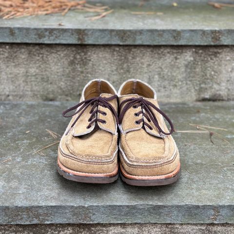 View photo of Russell Moccasin Co. Fishing Oxford in Tan Laramie Suede