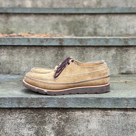 View photo of Russell Moccasin Co. Fishing Oxford in Tan Laramie Suede