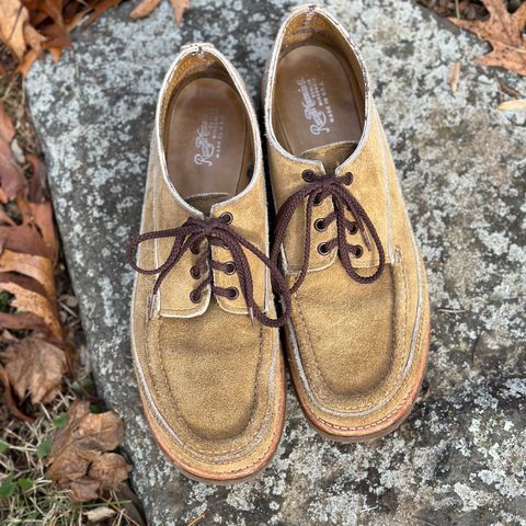 View photo of Russell Moccasin Co. Fishing Oxford in Tan Laramie Suede