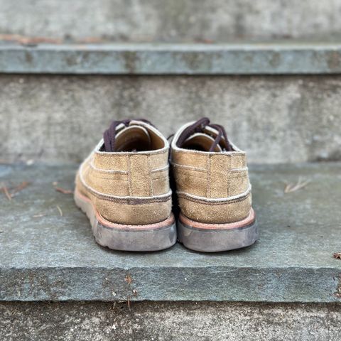 View photo of Russell Moccasin Co. Fishing Oxford in Tan Laramie Suede