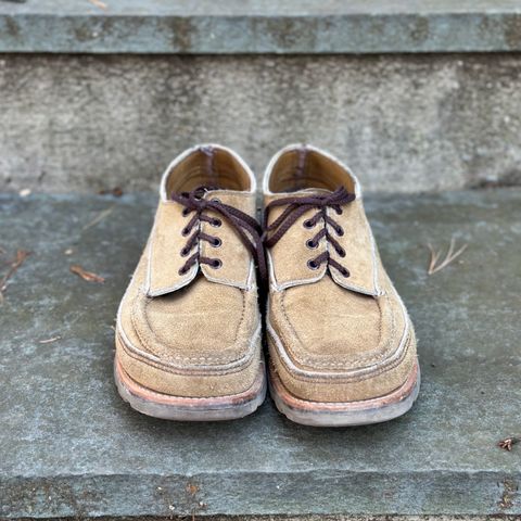 View photo of Russell Moccasin Co. Fishing Oxford in Tan Laramie Suede