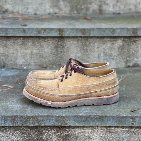 View photo of Russell Moccasin Co. Fishing Oxford in Tan Laramie Suede