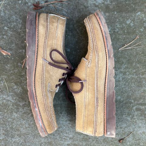 View photo of Russell Moccasin Co. Fishing Oxford in Tan Laramie Suede