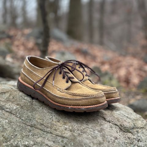 View photo of Russell Moccasin Co. Fishing Oxford in Tan Laramie Suede