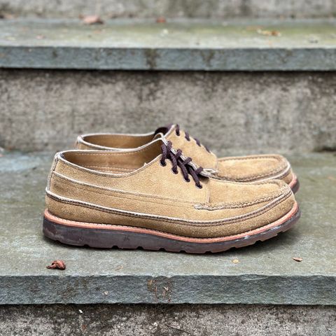 View photo of Russell Moccasin Co. Fishing Oxford in Tan Laramie Suede