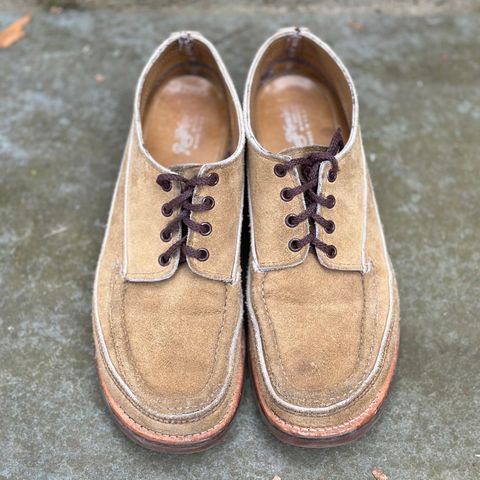 View photo of Russell Moccasin Co. Fishing Oxford in Tan Laramie Suede