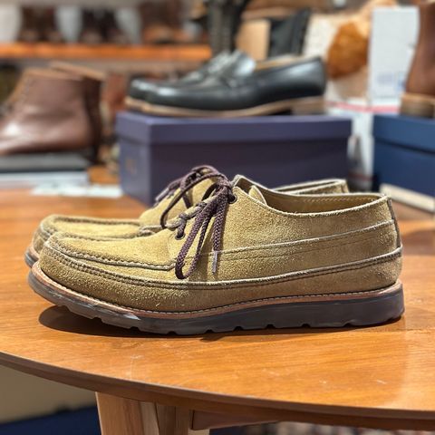 View photo of Russell Moccasin Co. Fishing Oxford in Tan Laramie Suede