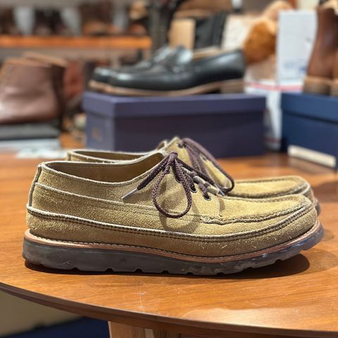 View photo of Russell Moccasin Co. Fishing Oxford in Tan Laramie Suede