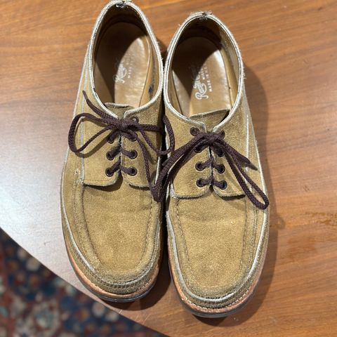 View photo of Russell Moccasin Co. Fishing Oxford in Tan Laramie Suede